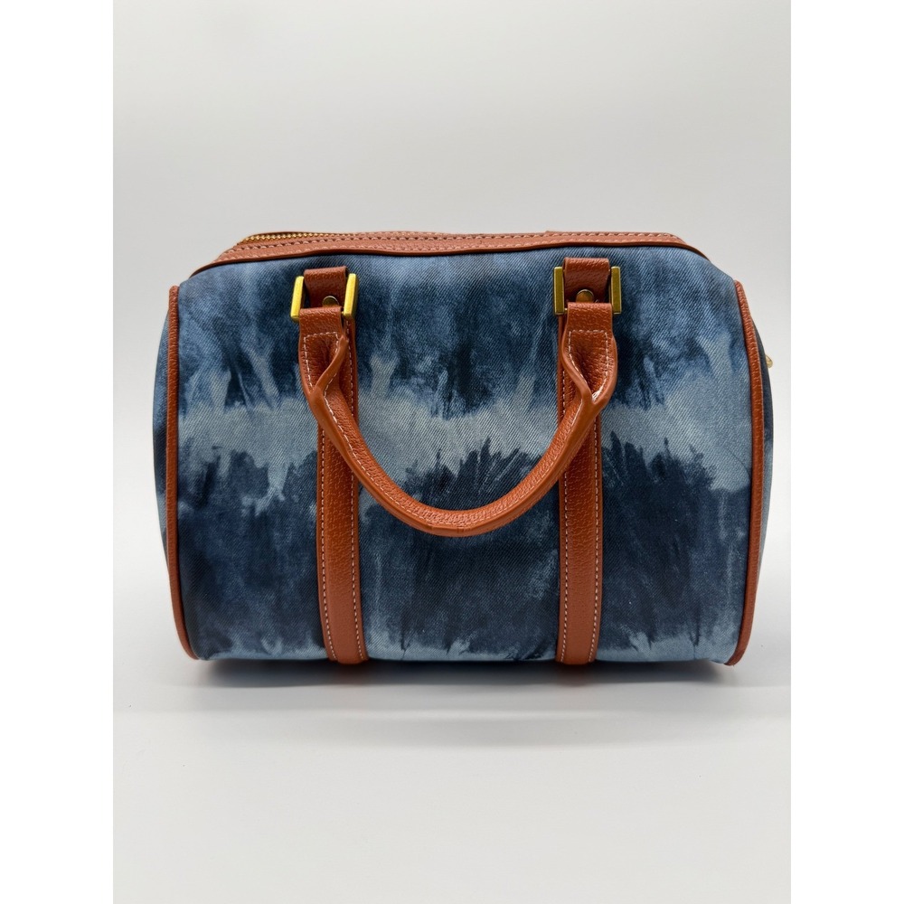 Angel Kiss Satchel Handbag Blue Tie Dye Denim Print Cognac Brown Trim Gold Tone - Picture 4 of 13